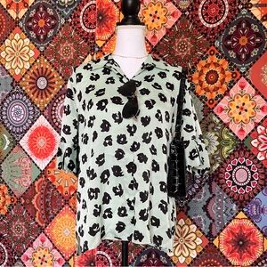 Equipment Blouse Shirt Short Sleeve Seafoam Green Leopard Cheetah Print Top